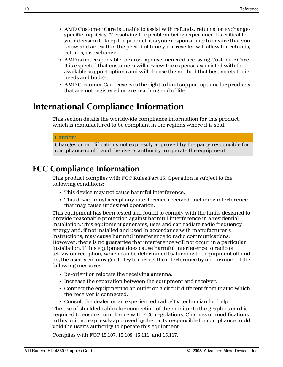 International compliance information, Fcc compliance information | AMD Radeon 4850 User Manual | Page 16 / 18