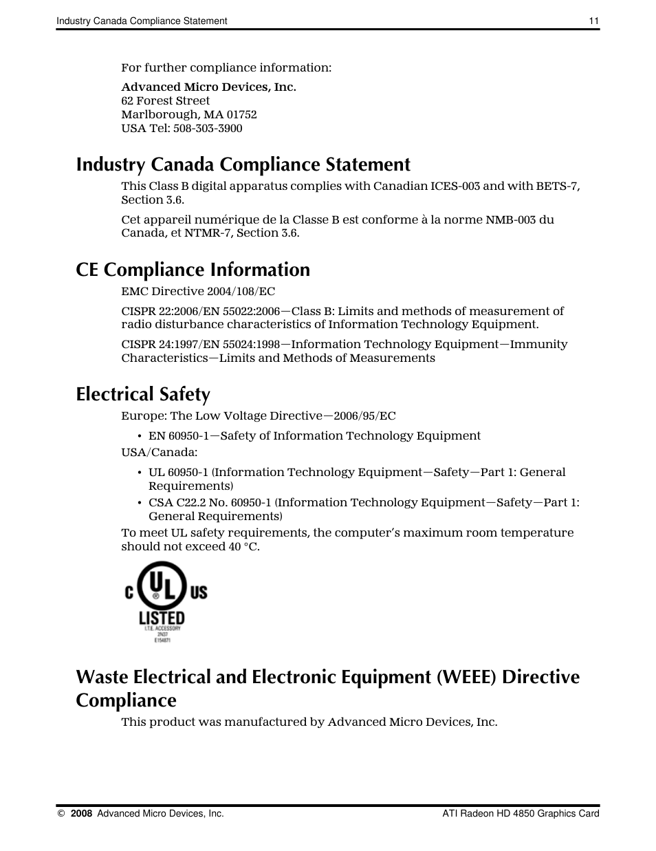 Industry canada compliance statement, Ce compliance information, Electrical safety | AMD Radeon 4850 User Manual | Page 17 / 18