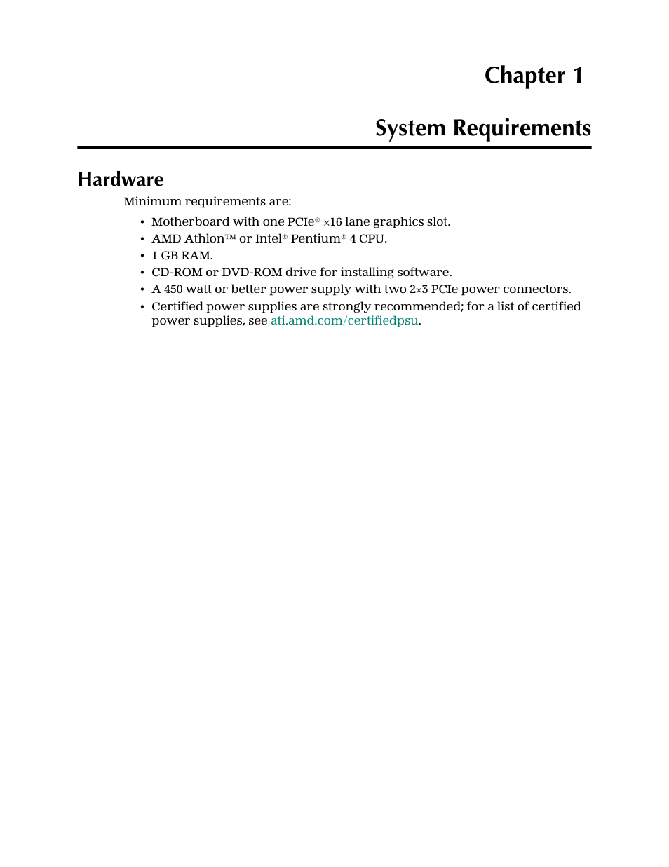 Chapter 1 — system requirements, Hardware, System requirements | Chapter 1 system requirements | AMD Radeon 4850 User Manual | Page 7 / 18