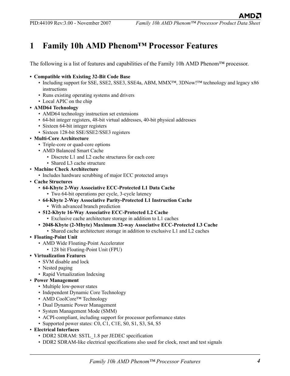 1 family 10h amd phenom™ processor features | AMD Phenom 10h User Manual | Page 4 / 6