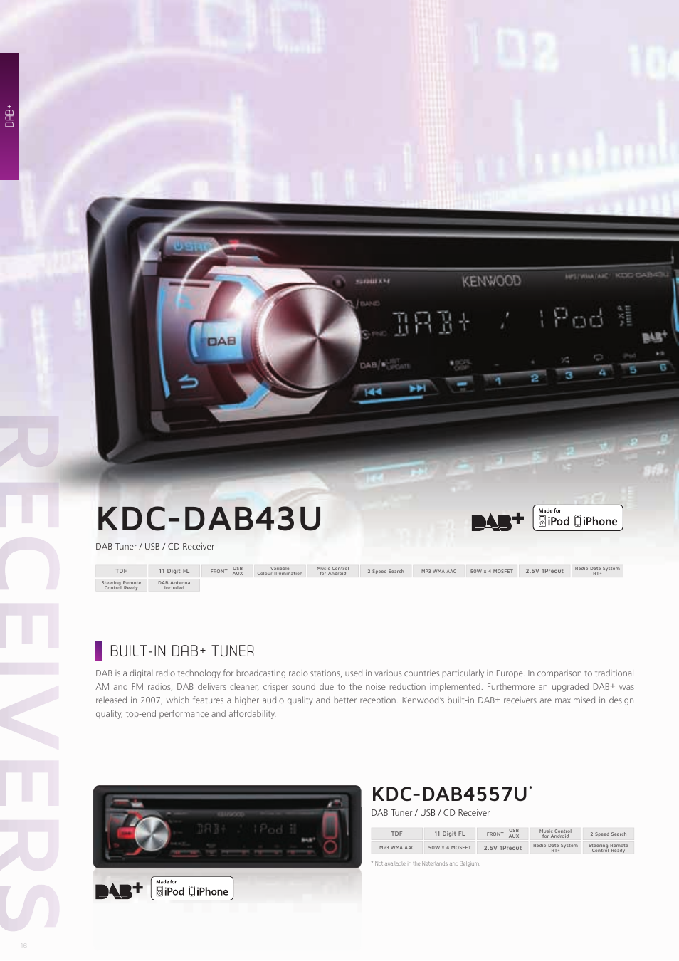 Kdc-dab43u, Kdc-dab4557u, Built-in dab+ tuner | Kenwood CAW-CKIMVW1 User Manual | Page 16 / 36