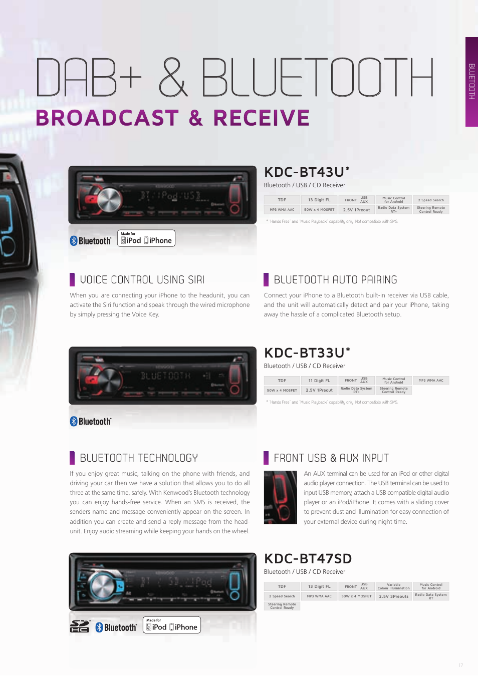 Bluetooth, Kdc-bt43u, Kdc-bt47sd | Kdc-bt33u, Voice control using siri, Bluetooth auto pairing, Bluetooth technology, Front usb & aux input | Kenwood CAW-CKIMVW1 User Manual | Page 17 / 36