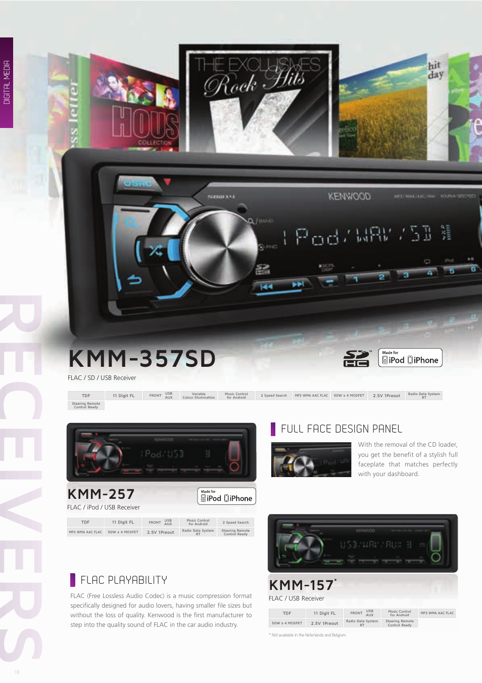 Kmm-357sd, Kmm-257, Kmm-157 | Flac playability, Full face design panel, Digital media | Kenwood CAW-CKIMVW1 User Manual | Page 18 / 36