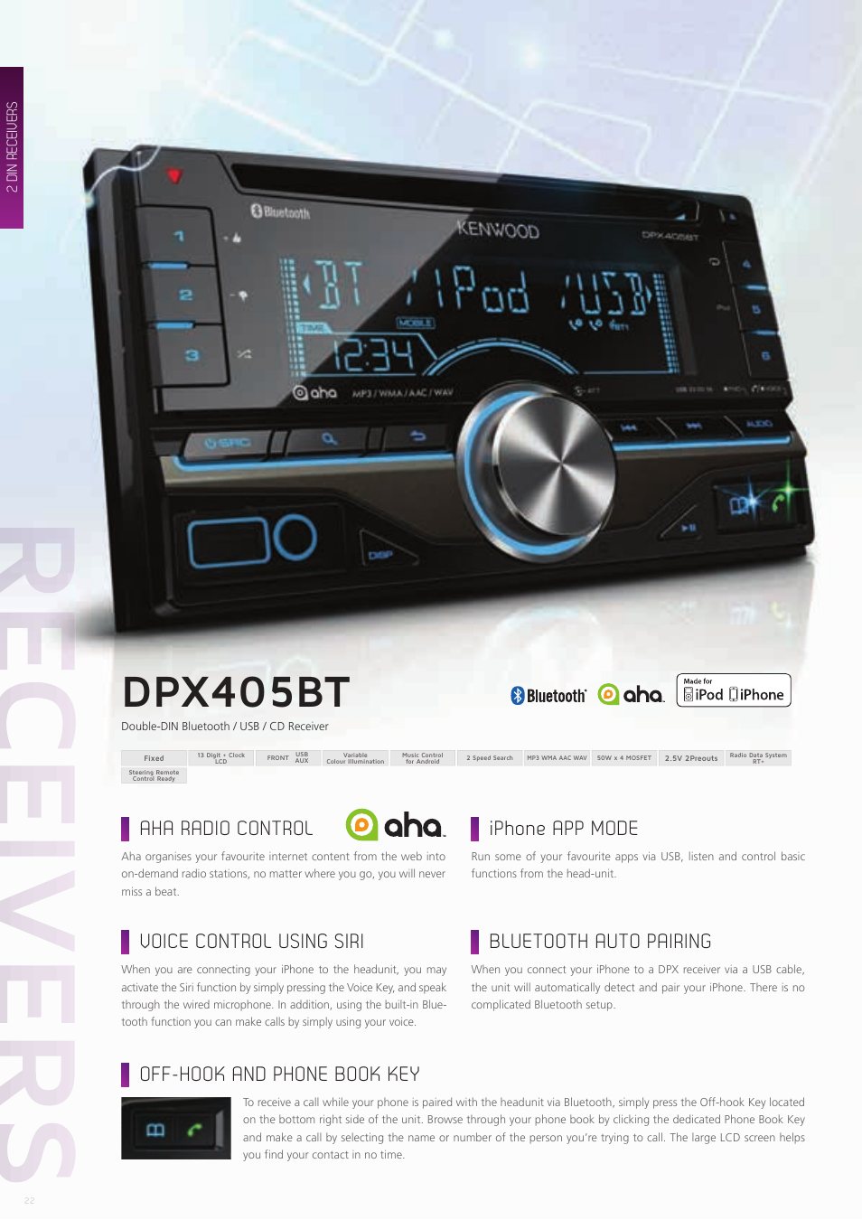 Dpx405bt, Aha radio control iphone app mode, Bluetooth auto pairing | Voice control using siri, Off-hook and phone book key, 2 din receivers | Kenwood CAW-CKIMVW1 User Manual | Page 22 / 36