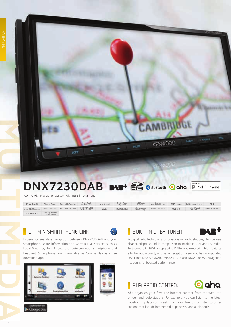 Dnx7230dab, Aha radio control, Garmin smartphone link built-in dab+ tuner | Navigation | Kenwood CAW-CKIMVW1 User Manual | Page 6 / 36