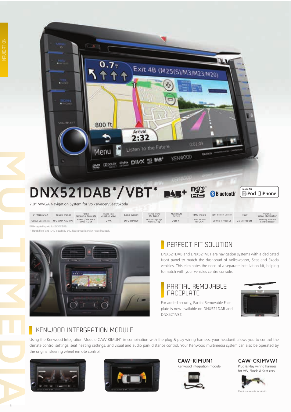 Dnx521dab*/vbt, Kenwood intergration module, Perfect fit solution | Partial removable faceplate, Caw-ckimvw1, Caw-kimun1, Navigation | Kenwood CAW-CKIMVW1 User Manual | Page 8 / 36