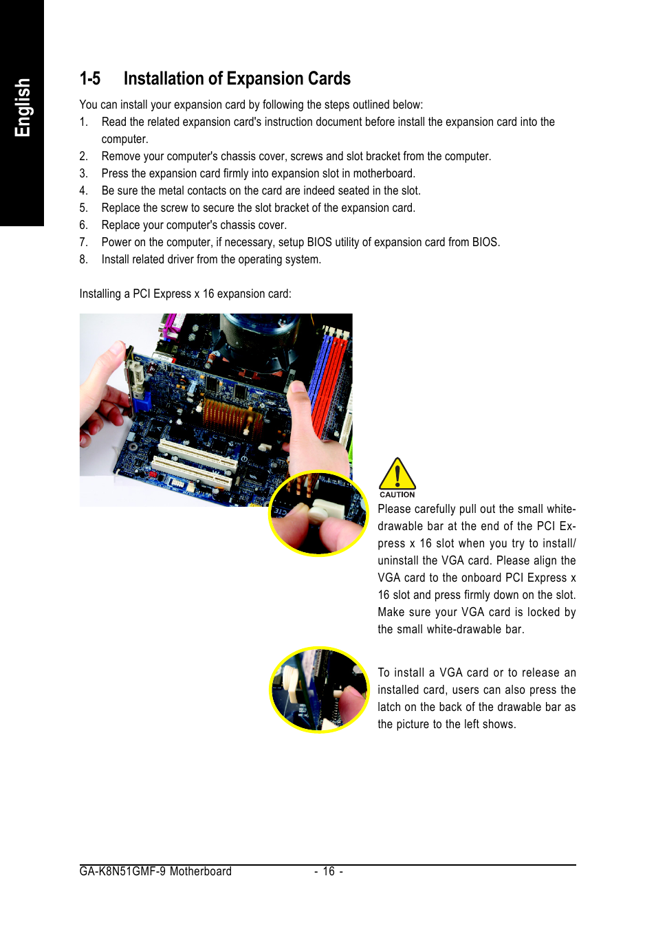 English, 5 installation of expansion cards | AMD GA-K8N51GMF-9 User Manual | Page 16 / 80