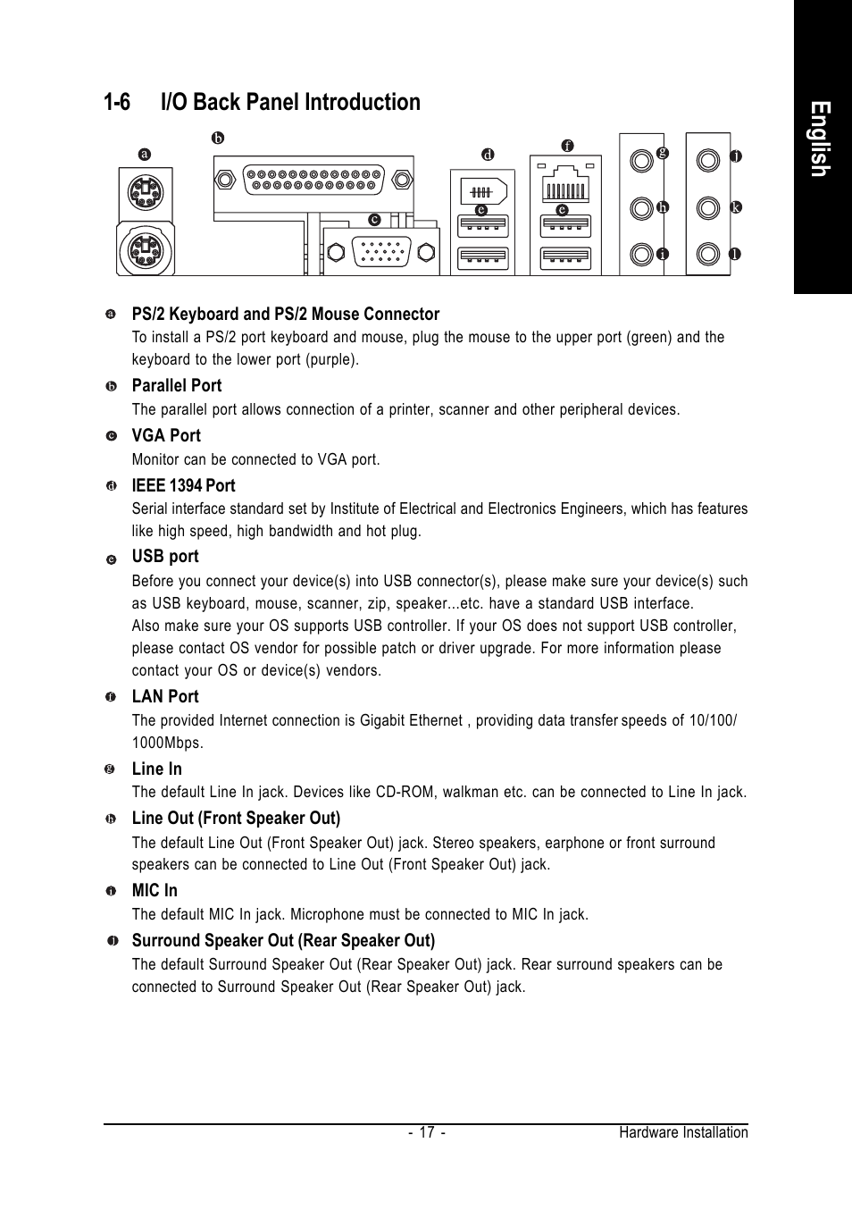 English, 6 i/o back panel introduction | AMD GA-K8N51GMF-9 User Manual | Page 17 / 80