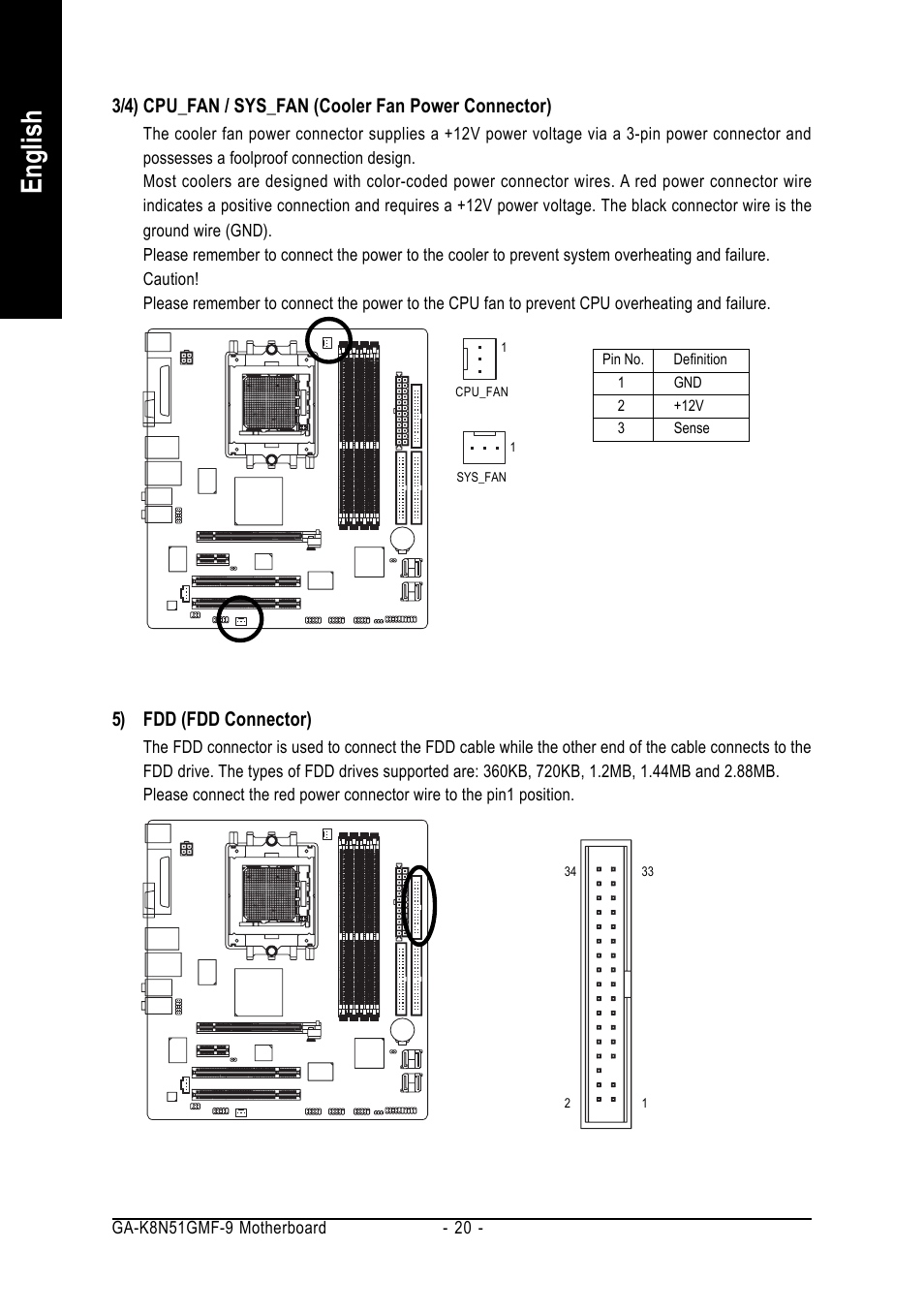 English, 5) fdd (fdd connector) | AMD GA-K8N51GMF-9 User Manual | Page 20 / 80