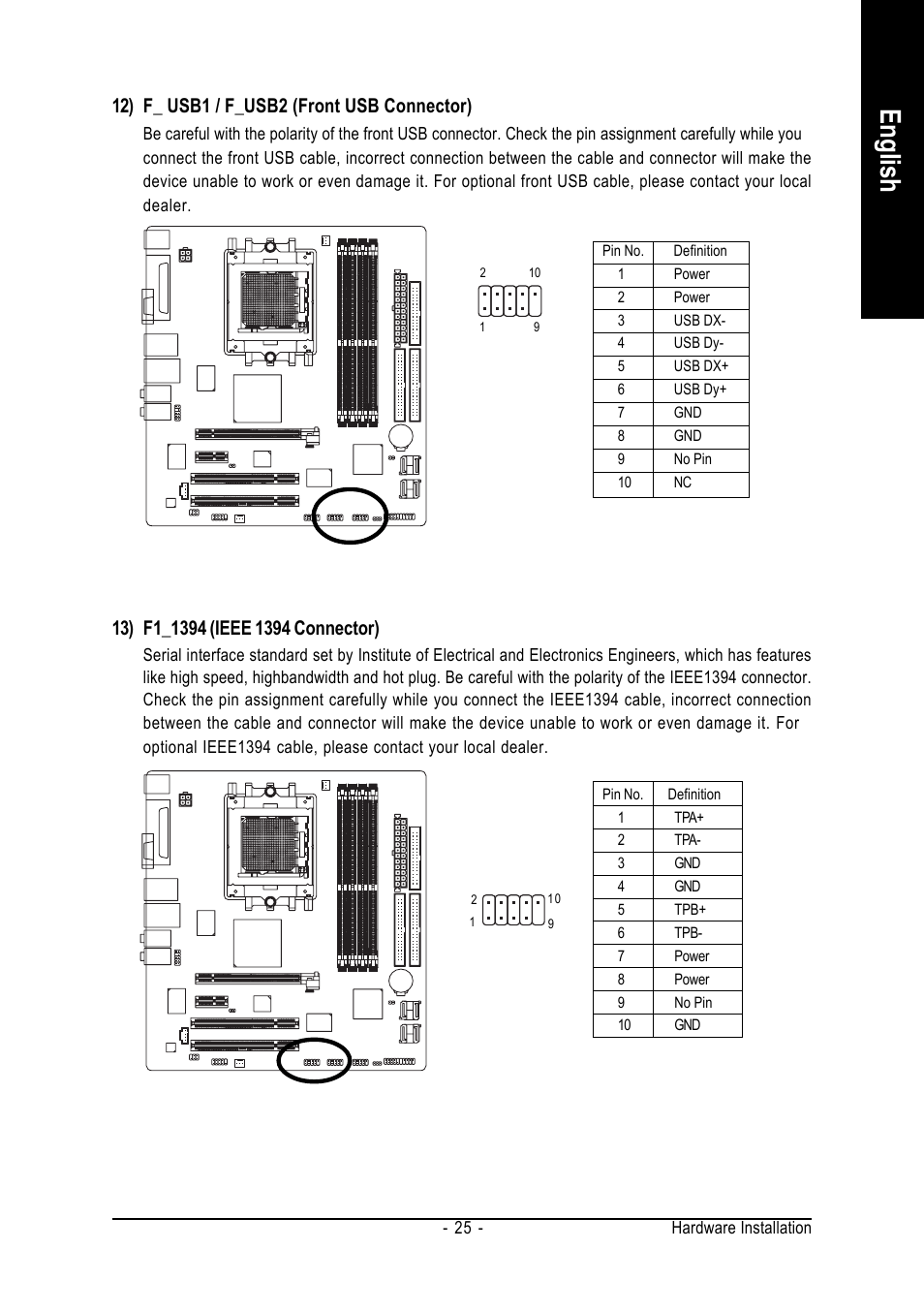 English, 12) f_ usb1 / f_usb2 (front usb connector) | AMD GA-K8N51GMF-9 User Manual | Page 25 / 80