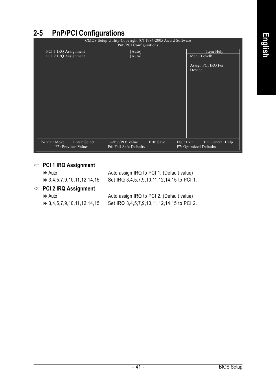 English, 5 pnp/pci configurations, Pci 1 irq assignment | Pci 2 irq assignment | AMD GA-K8N51GMF-9 User Manual | Page 41 / 80