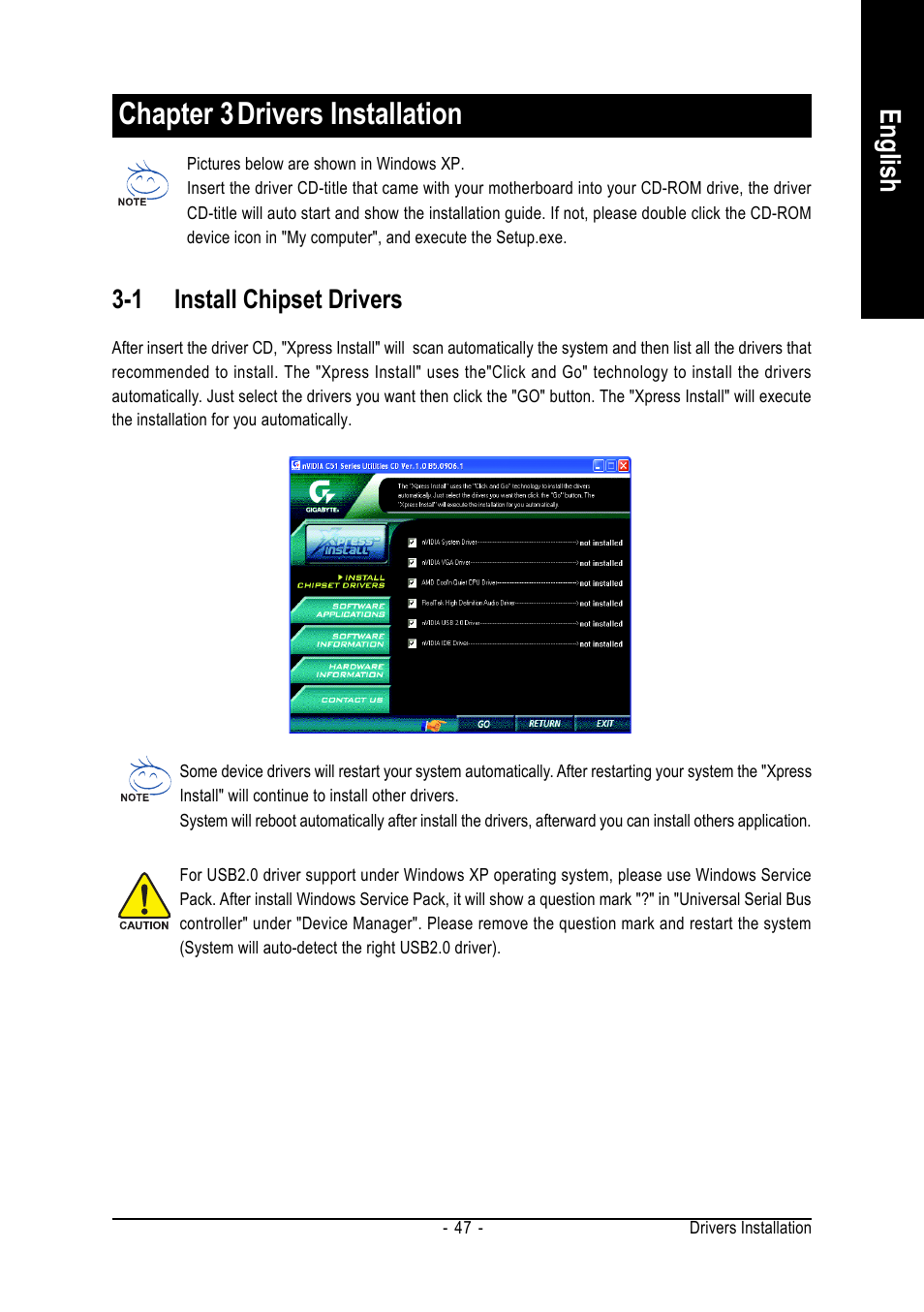 Chapter 3drivers installation, English, 1 install chipset drivers | AMD GA-K8N51GMF-9 User Manual | Page 47 / 80