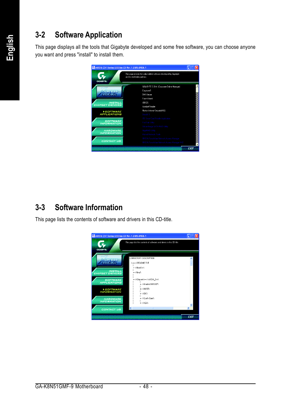 English, 2 software application, 3 software information | AMD GA-K8N51GMF-9 User Manual | Page 48 / 80