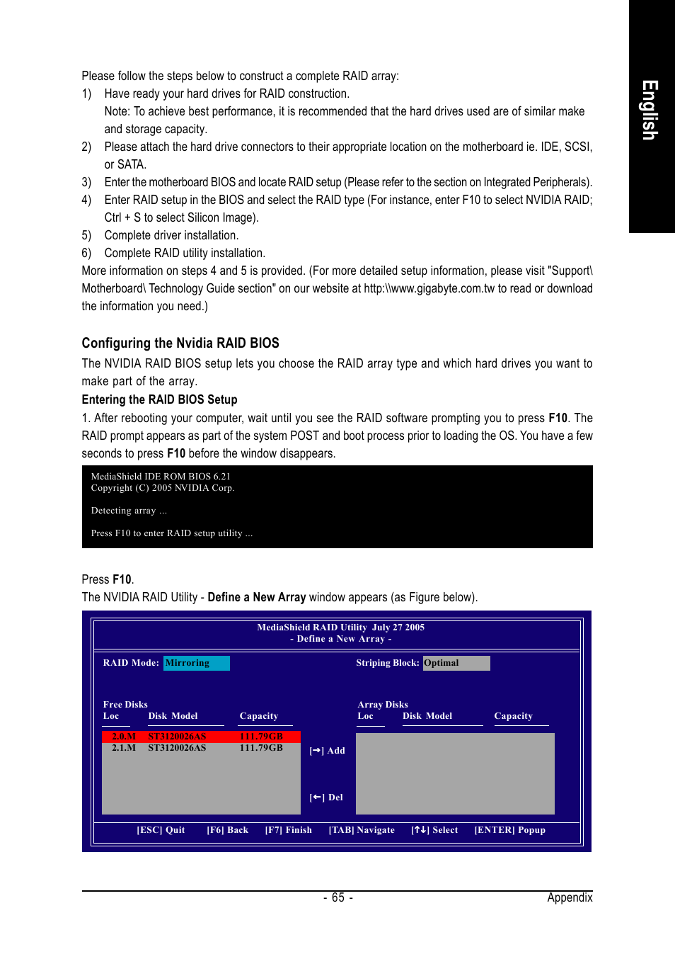 English, Configuring the nvidia raid bios | AMD GA-K8N51GMF-9 User Manual | Page 65 / 80