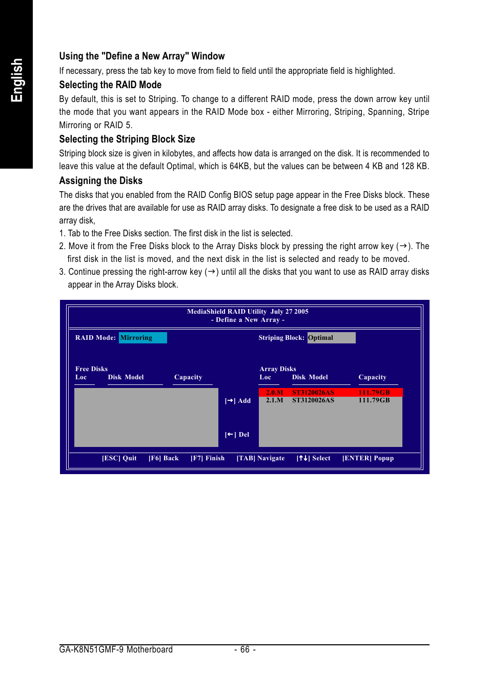 English, Using the "define a new array" window, Selecting the raid mode | Selecting the striping block size, Assigning the disks | AMD GA-K8N51GMF-9 User Manual | Page 66 / 80