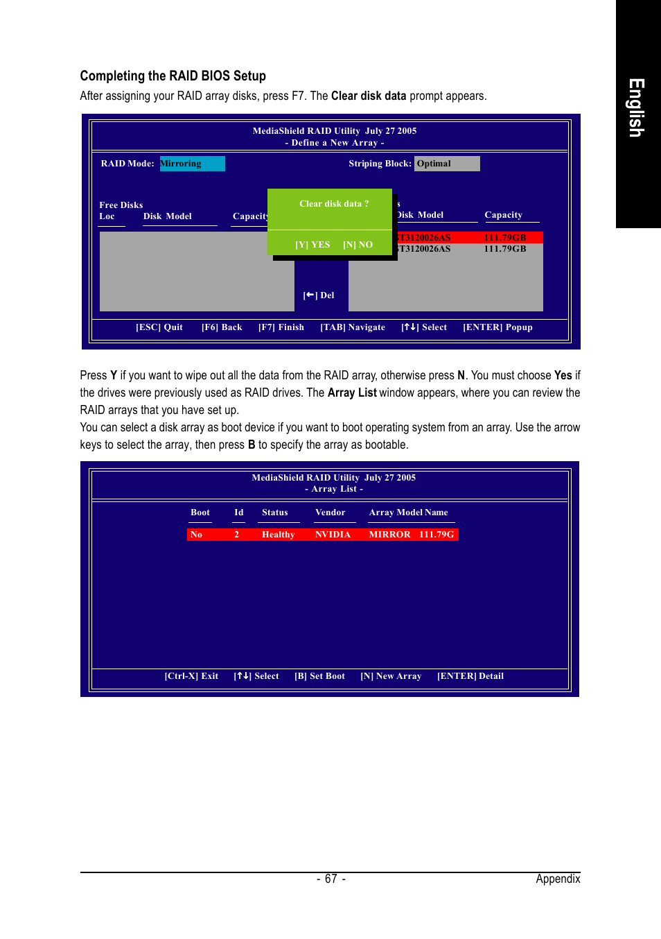 English, Completing the raid bios setup, Appendix - 67 | AMD GA-K8N51GMF-9 User Manual | Page 67 / 80