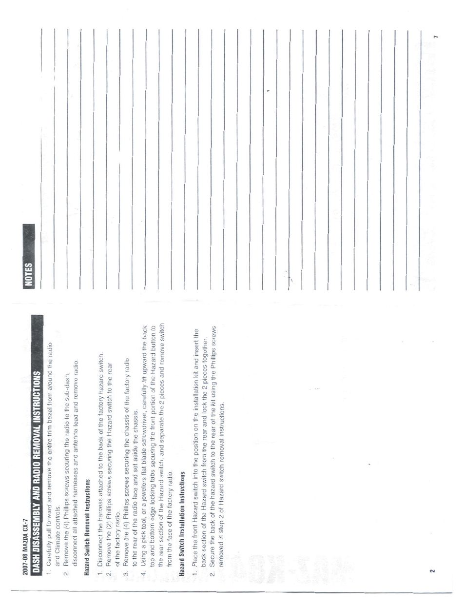 2007-08 mazda cx-7, Hazard switch removal instructions, Hazard switch installation instructions | Kenwood CAW1170-09 User Manual | Page 2 / 4