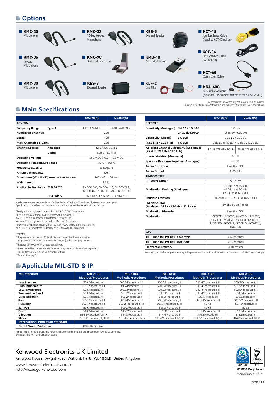 Options, Applicable mil-std & ip, Main specifications | Kenwood NX-720E User Manual | Page 2 / 2