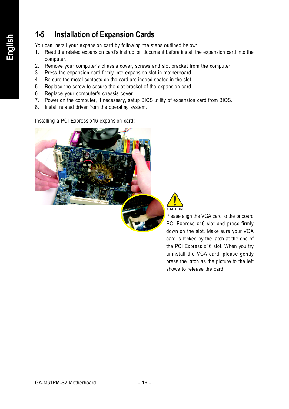 English, 5 installation of expansion cards | AMD GA-M61PM-S2 User Manual | Page 16 / 80