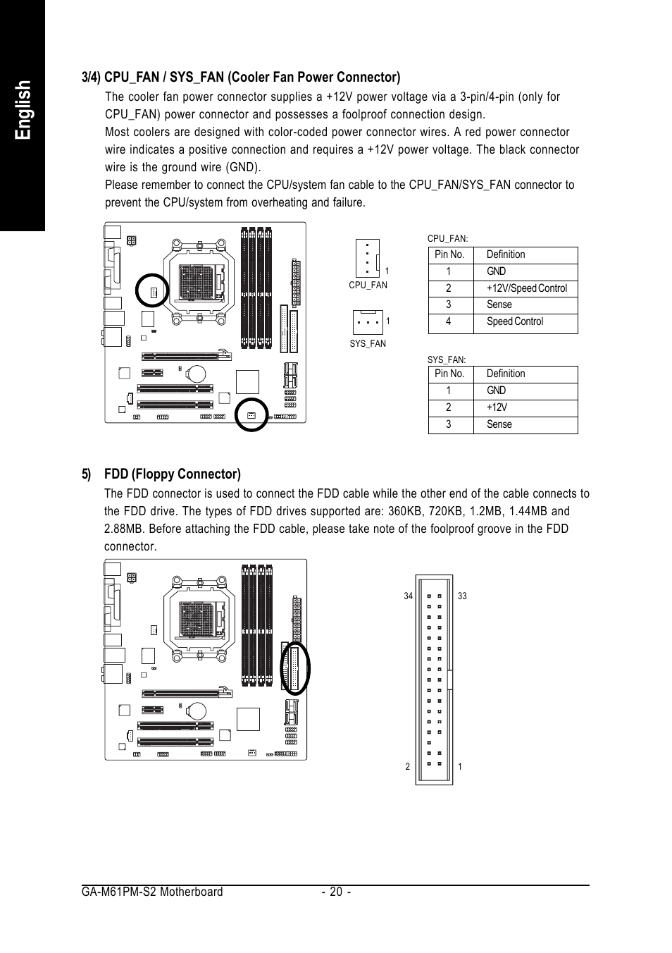 English, 5) fdd (floppy connector) | AMD GA-M61PM-S2 User Manual | Page 20 / 80