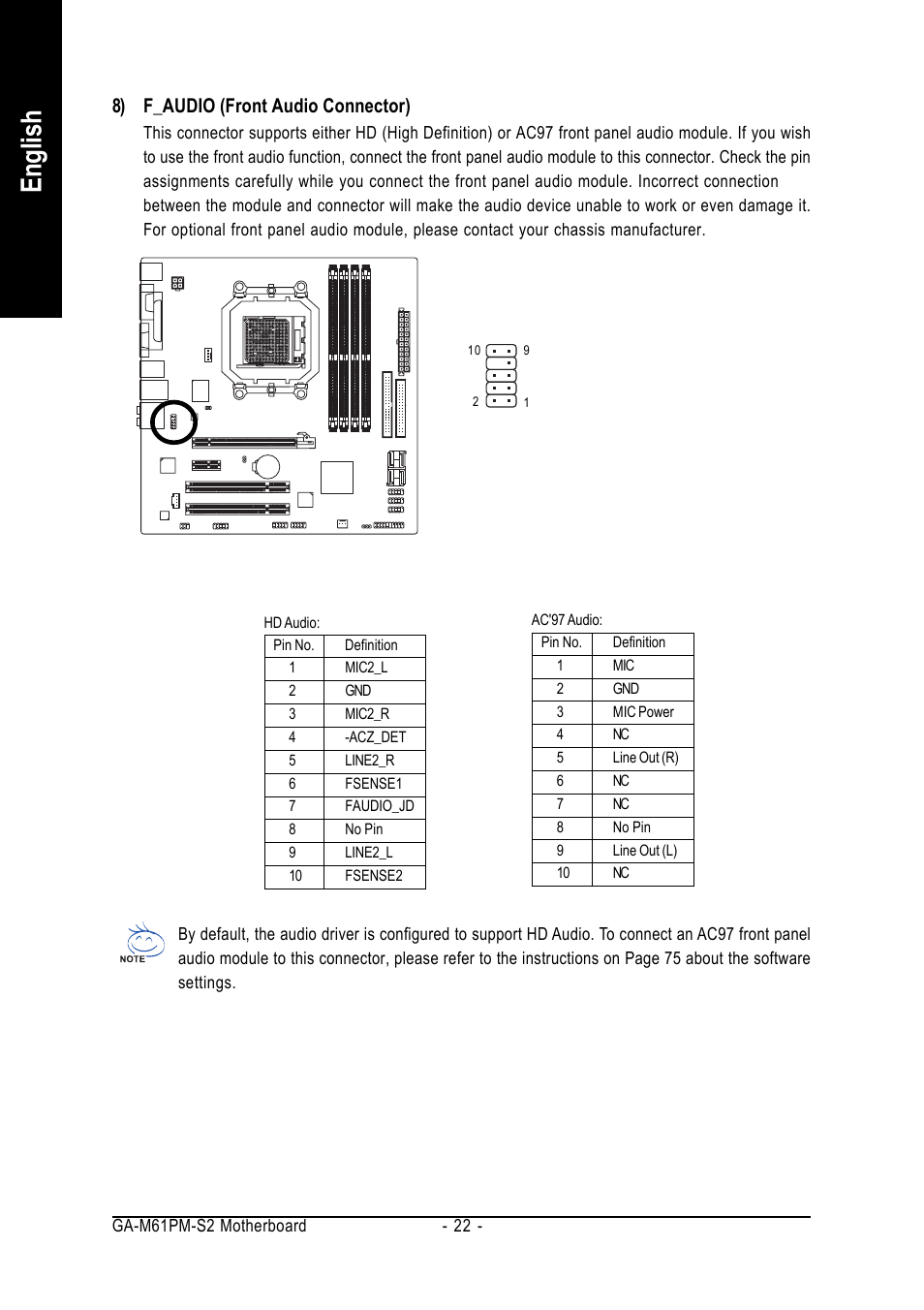 English, 8) f_audio (front audio connector) | AMD GA-M61PM-S2 User Manual | Page 22 / 80