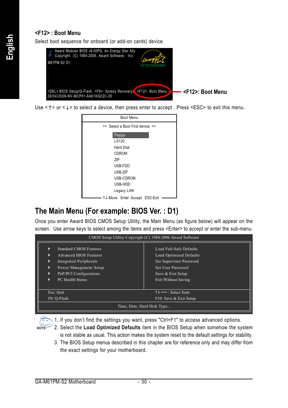 English, The main menu (for example: bios ver. : d1), F12> : boot menu | F12>: boot menu | AMD GA-M61PM-S2 User Manual | Page 30 / 80