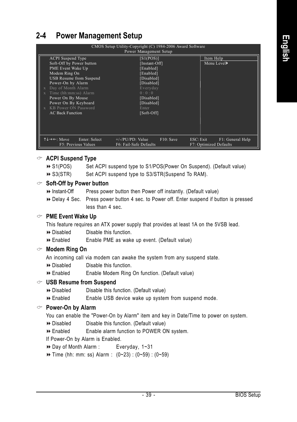 English, 4 power management setup, Acpi suspend type | Soft-off by power button, Pme event wake up, Modem ring on, Usb resume from suspend, Power-on by alarm | AMD GA-M61PM-S2 User Manual | Page 39 / 80