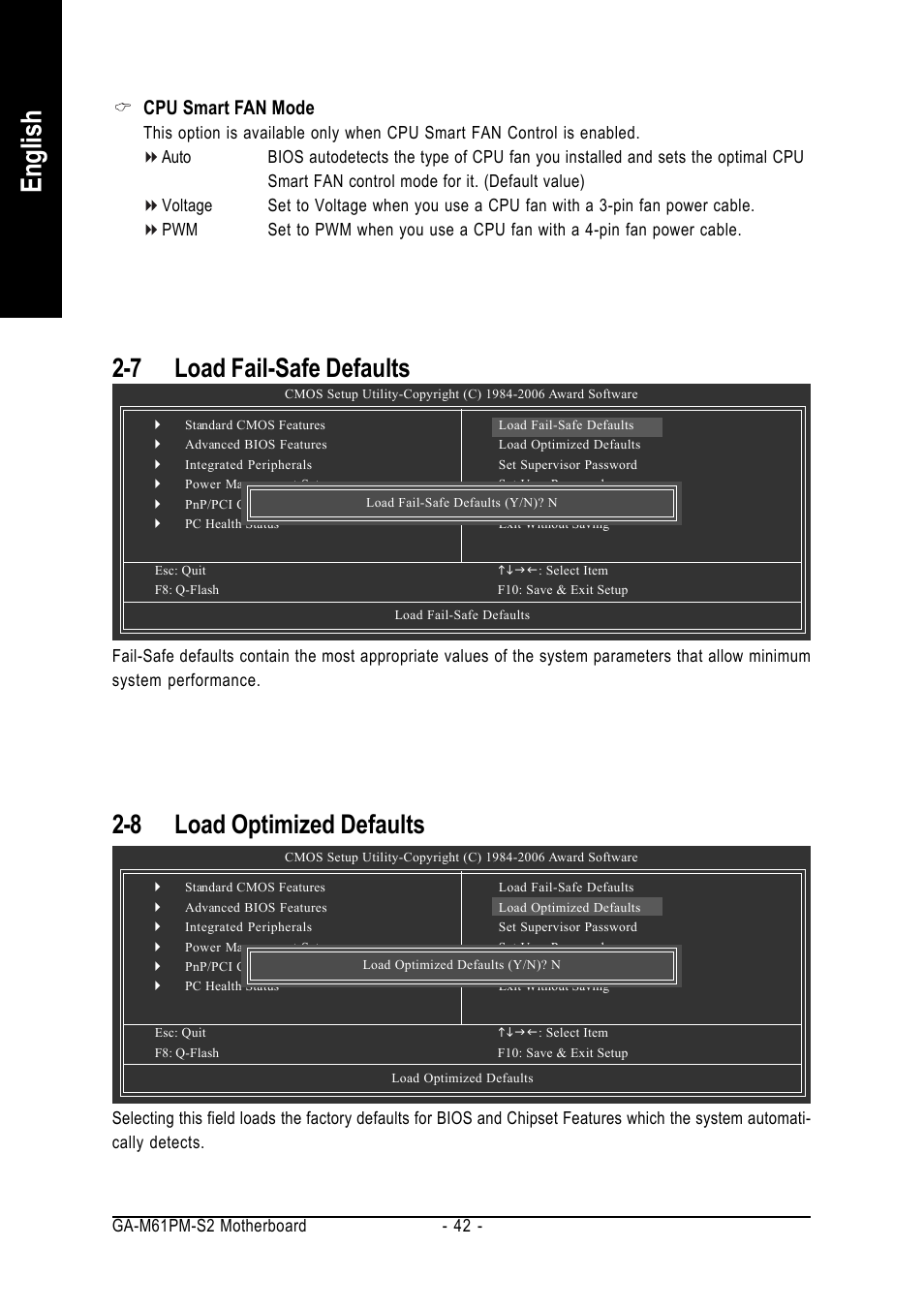 English, 7 load fail-safe defaults, 8 load optimized defaults | Cpu smart fan mode | AMD GA-M61PM-S2 User Manual | Page 42 / 80