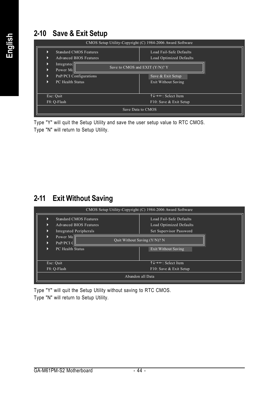 English, 10 save & exit setup, 11 exit without saving | AMD GA-M61PM-S2 User Manual | Page 44 / 80