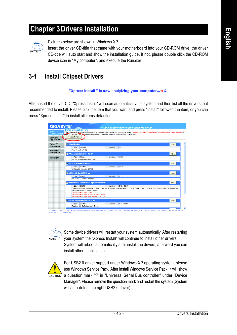 Chapter 3drivers installation, English, 1 install chipset drivers | AMD GA-M61PM-S2 User Manual | Page 45 / 80