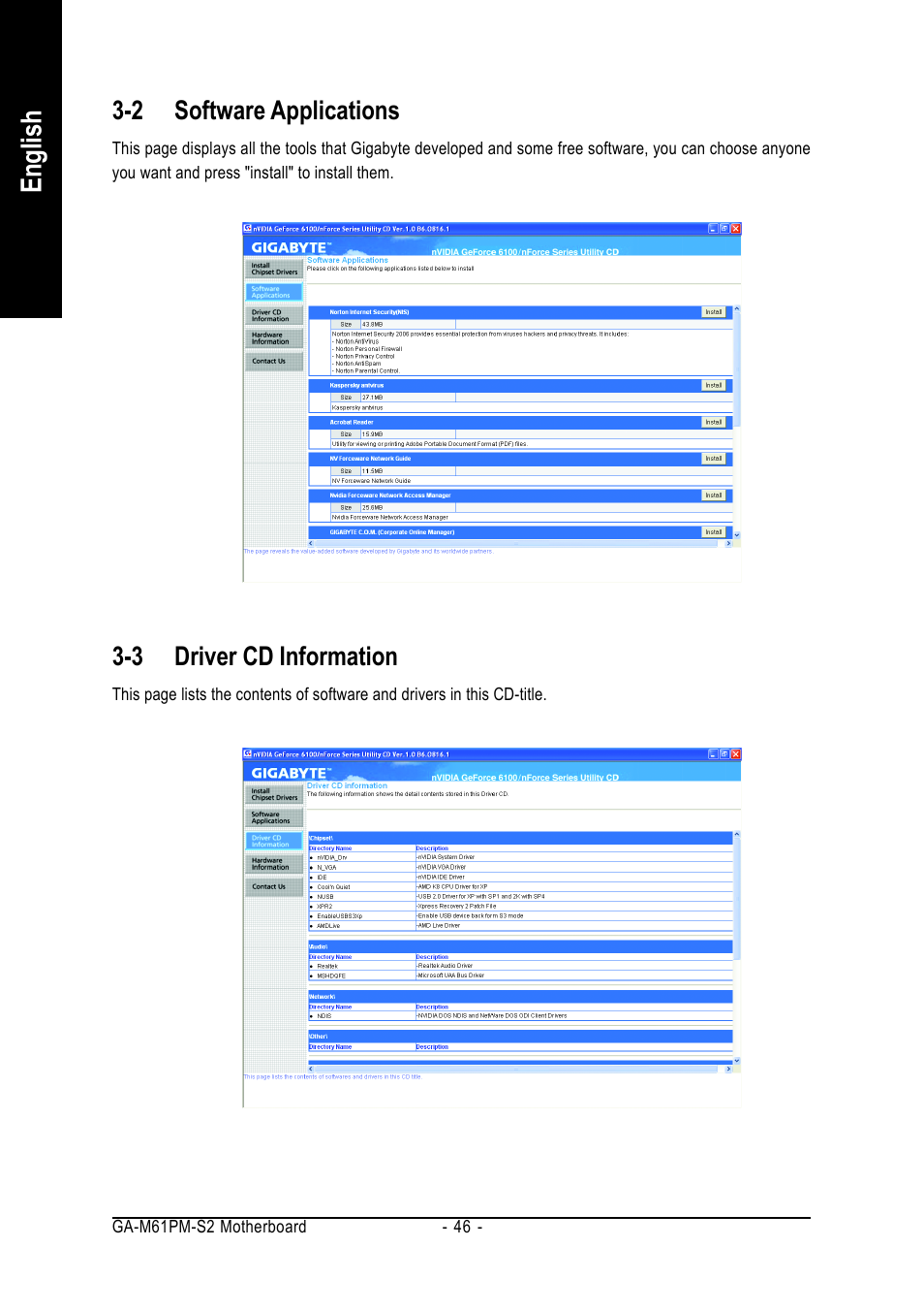 English, 2 software applications, 3 driver cd information | AMD GA-M61PM-S2 User Manual | Page 46 / 80