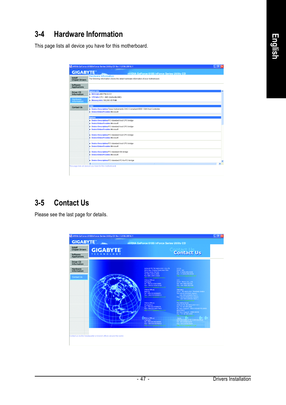 English, 4 hardware information, 5 contact us | AMD GA-M61PM-S2 User Manual | Page 47 / 80