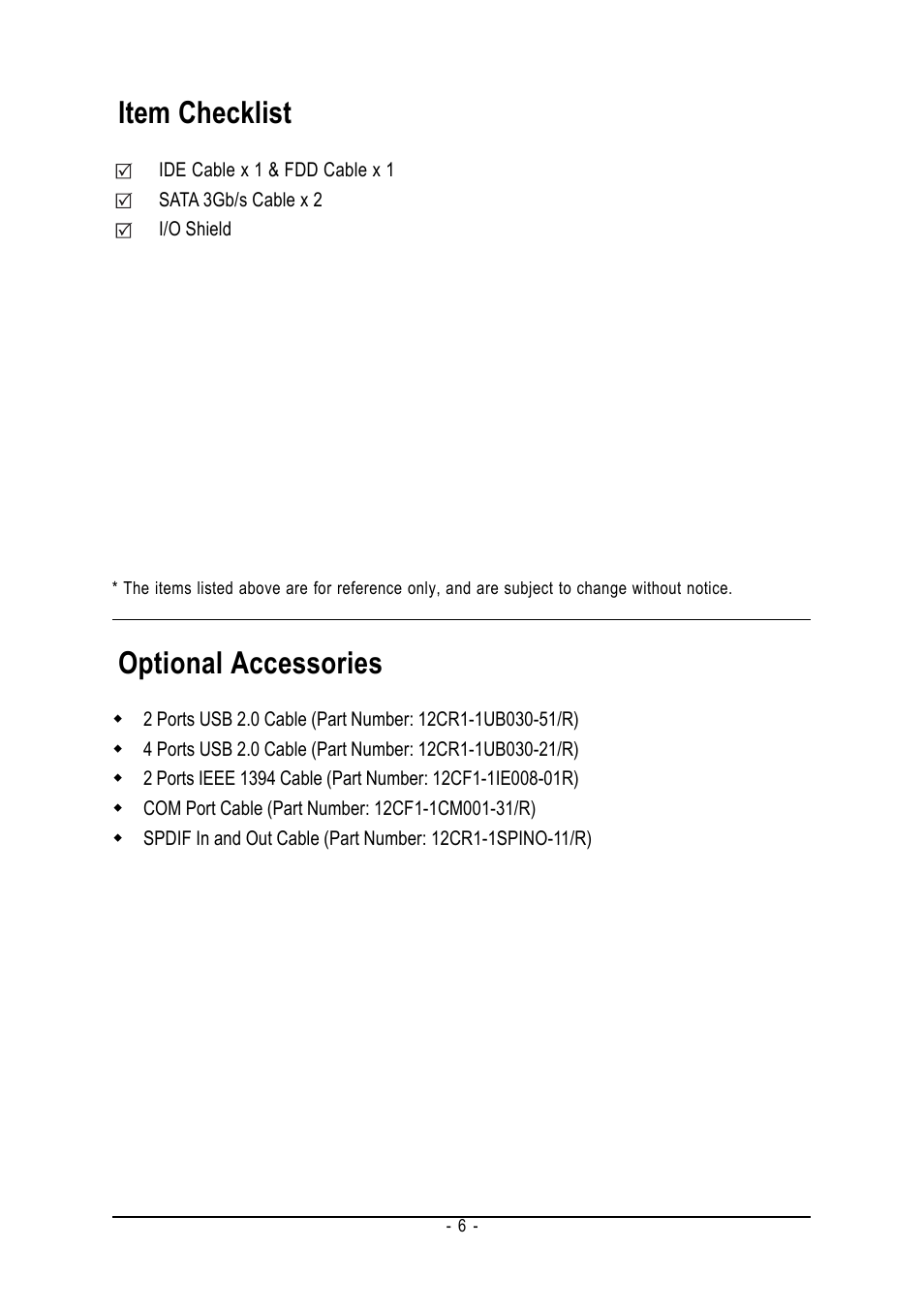 Item checklist, Optional accessories | AMD GA-M61PM-S2 User Manual | Page 6 / 80