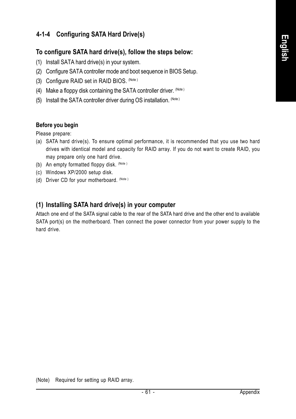 English, 1) installing sata hard drive(s) in your computer, 1-4 configuring sata hard drive(s) | AMD GA-M61PM-S2 User Manual | Page 61 / 80