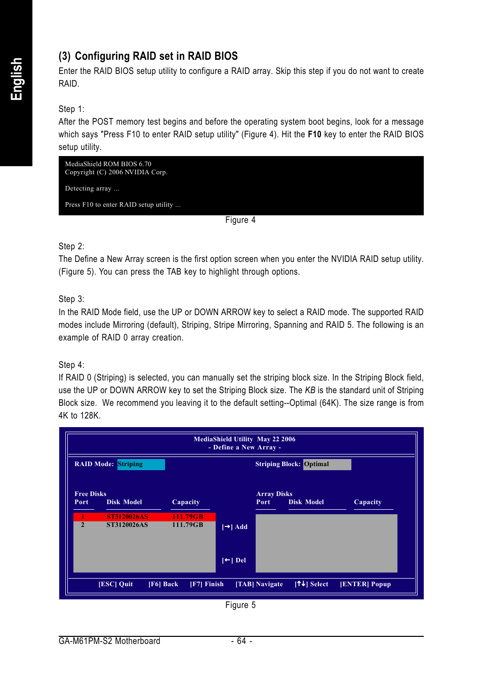 English, 3) configuring raid set in raid bios | AMD GA-M61PM-S2 User Manual | Page 64 / 80