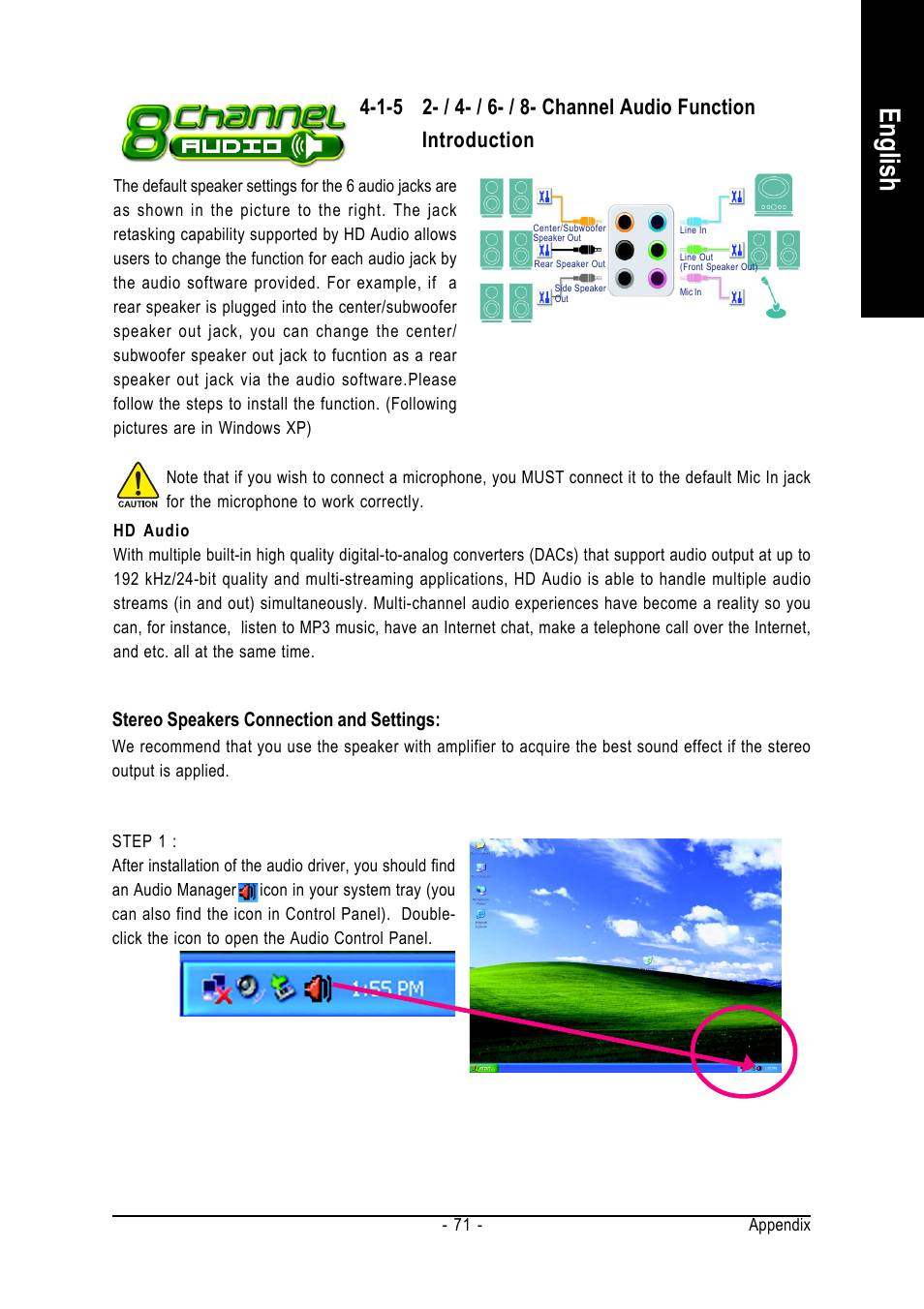 English, Stereo speakers connection and settings | AMD GA-M61PM-S2 User Manual | Page 71 / 80