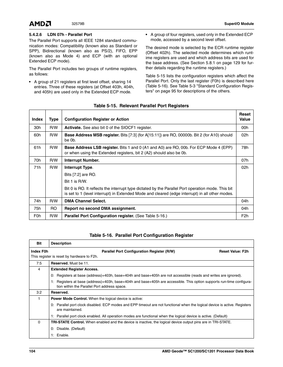 6 ldn 07h - parallel port, Table 5-15, Relevant parallel port registers | Table 5-16, Parallel port configuration register | AMD Geode SC1201 User Manual | Page 104 / 443