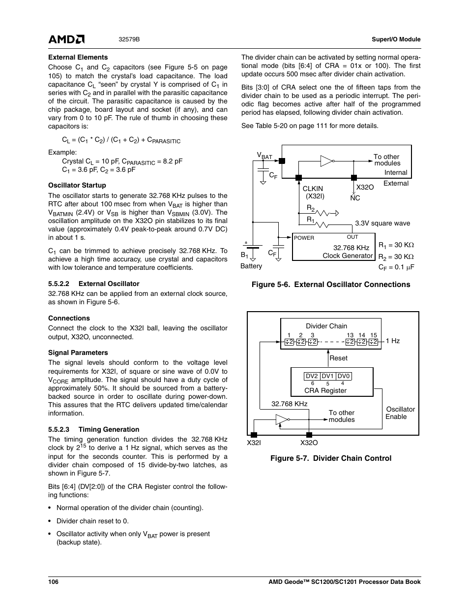 2 external oscillator, 3 timing generation, Figure 5-6 | External oscillator connections, Figure 5-7, Divider chain control | AMD Geode SC1201 User Manual | Page 106 / 443