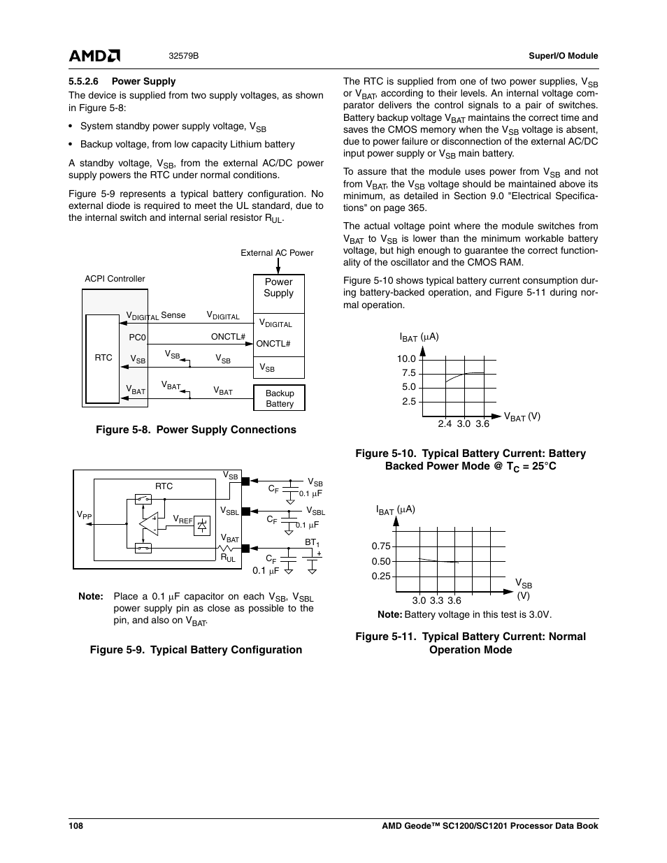 6 power supply, Figure 5-8, Power supply connections | Figure 5-9, Typical battery configuration, Figure 5-10, Figure 5-11, Typical battery current: normal operation mode | AMD Geode SC1201 User Manual | Page 108 / 443