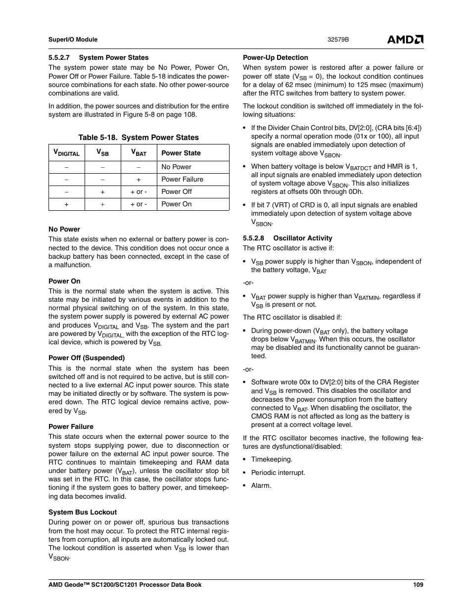 7 system power states, 8 oscillator activity, Table 5-18 | System power states | AMD Geode SC1201 User Manual | Page 109 / 443