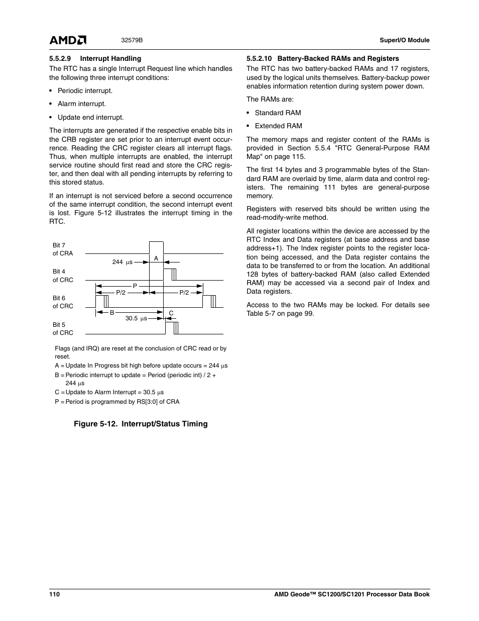 9 interrupt handling, 10 battery-backed rams and registers, Figure 5-12 | Interrupt/status timing | AMD Geode SC1201 User Manual | Page 110 / 443