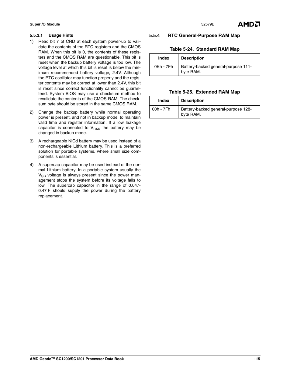 1 usage hints, 4 rtc general-purpose ram map, Table 5-24 | Standard ram map, Table 5-25, Extended ram map | AMD Geode SC1201 User Manual | Page 115 / 443