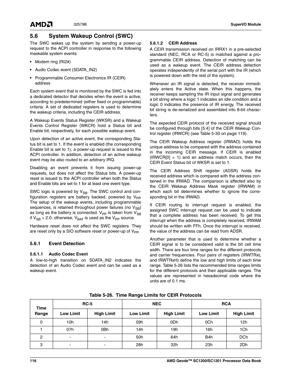 6 system wakeup control (swc), 1 event detection, 1 audio codec event | 2 ceir address, System wakeup control (swc), Table 5-26, Time range limits for ceir protocols | AMD Geode SC1201 User Manual | Page 116 / 443