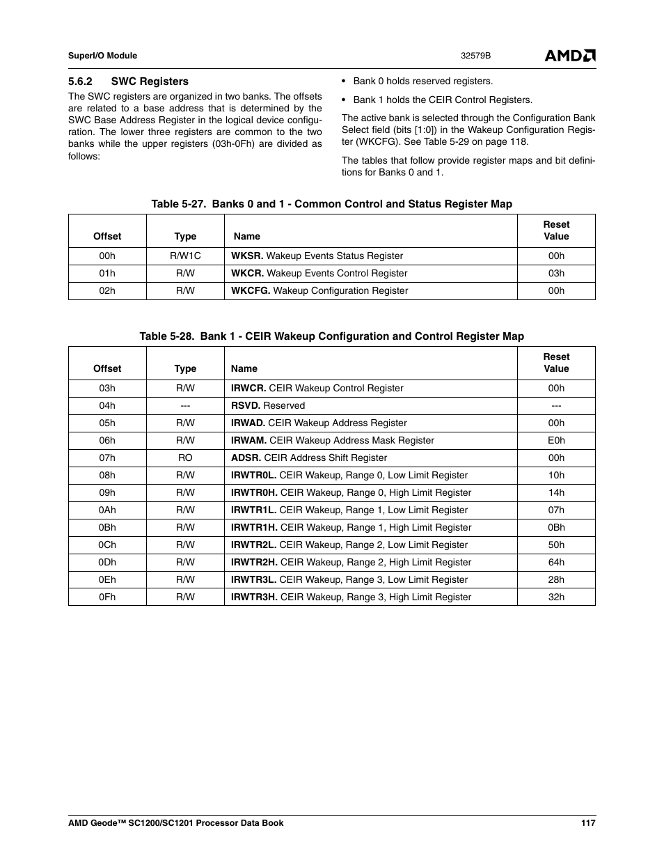 2 swc registers, Table 5-27, Table 5-28 | AMD Geode SC1201 User Manual | Page 117 / 443