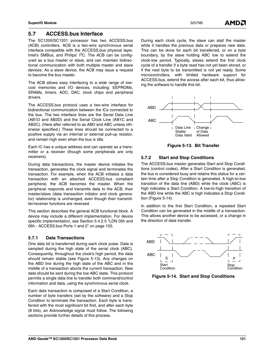 7 access.bus interface, 1 data transactions, 2 start and stop conditions | Access.bus interface, Figure 5-13, Bit transfer, Figure 5-14, Start and stop conditions | AMD Geode SC1201 User Manual | Page 121 / 443