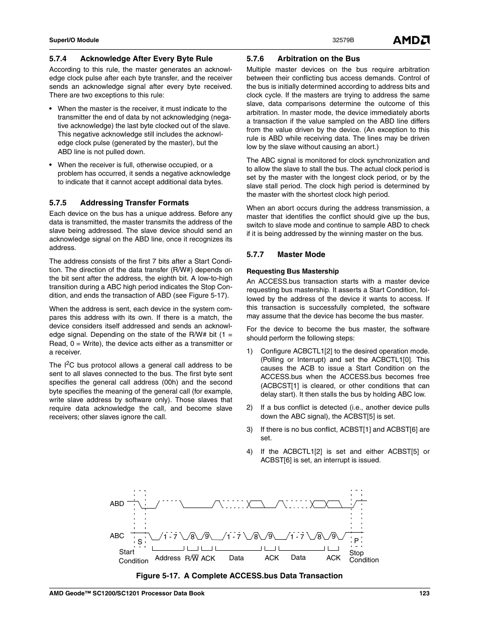 4 acknowledge after every byte rule, 5 addressing transfer formats, 6 arbitration on the bus | 7 master mode, Figure 5-17, A complete access.bus data transaction | AMD Geode SC1201 User Manual | Page 123 / 443