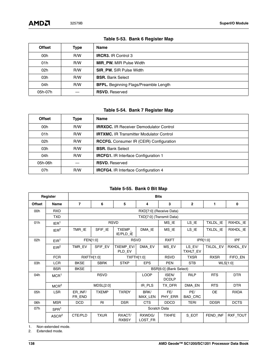 Table 5-53, Bank 6 register map, Table 5-54 | Bank 7 register map, Table 5-55, Bank 0 bit map | AMD Geode SC1201 User Manual | Page 138 / 443