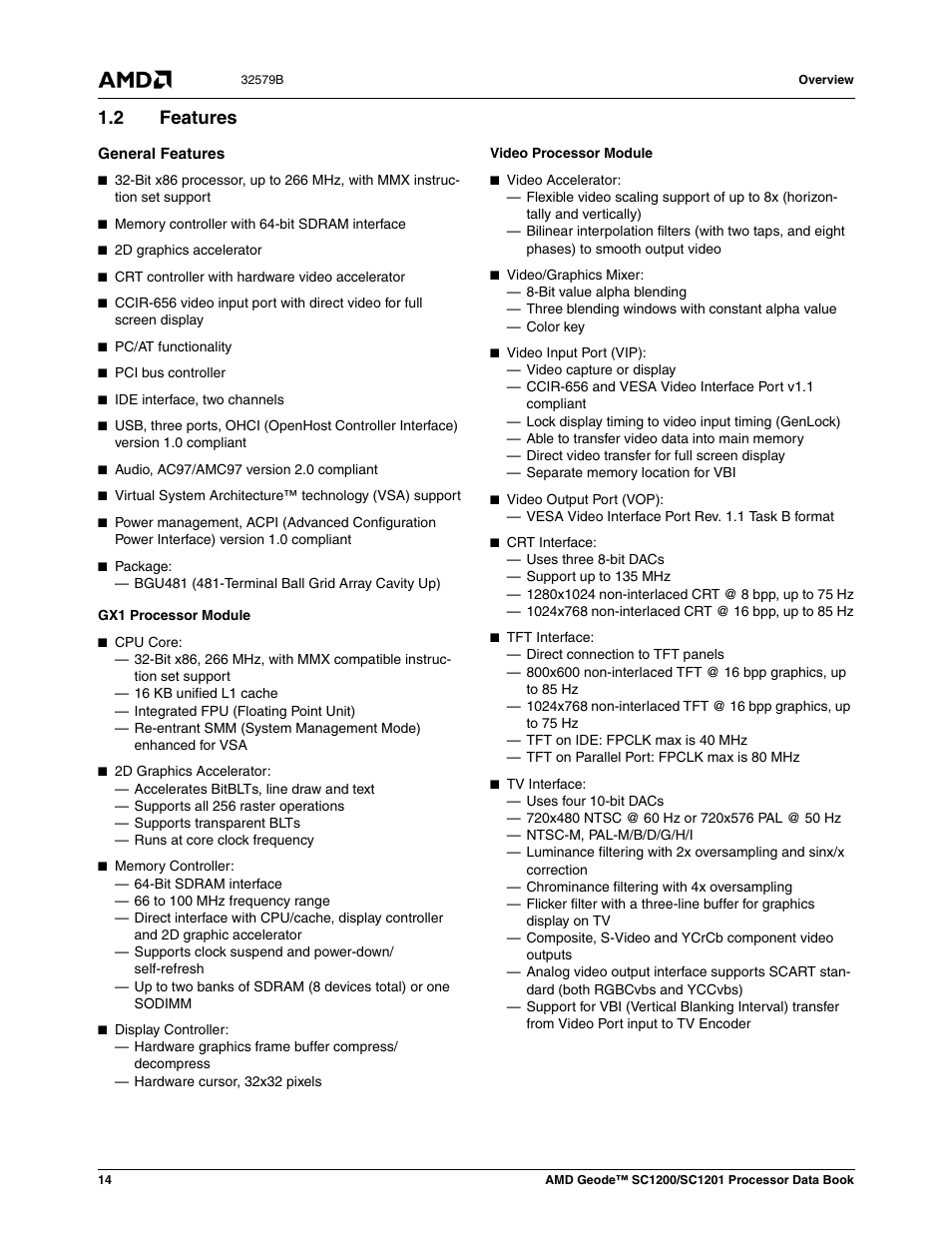 2 features, Features | AMD Geode SC1201 User Manual | Page 14 / 443