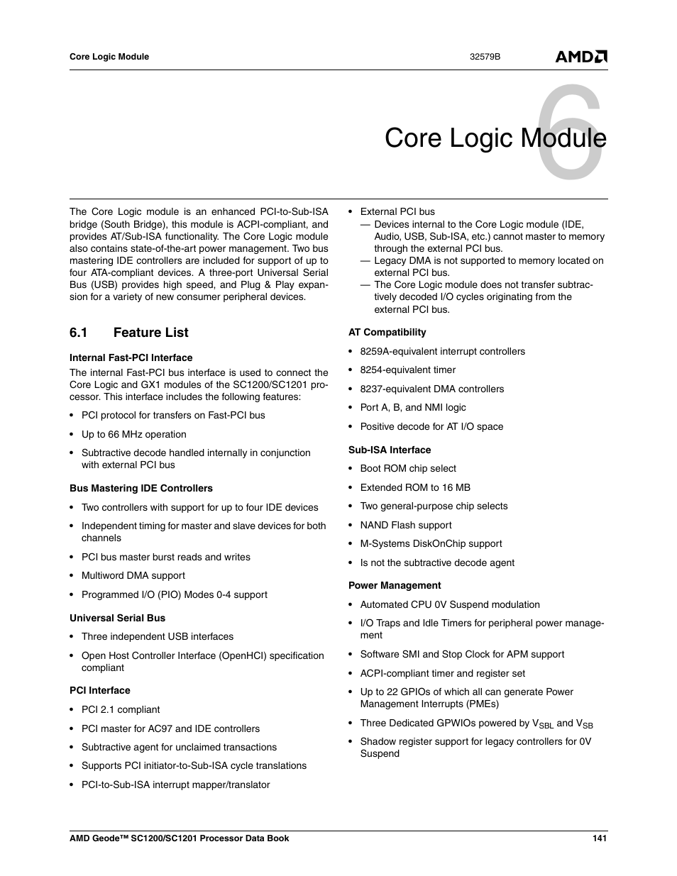 Core logic module, 1 feature list, Feature list | 0 core logic module | AMD Geode SC1201 User Manual | Page 141 / 443