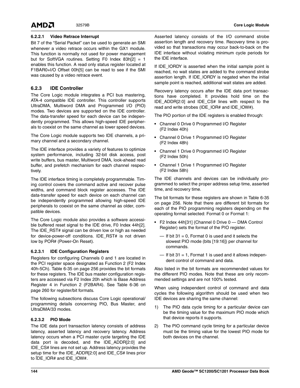 1 video retrace interrupt, 3 ide controller, 1 ide configuration registers | 2 pio mode | AMD Geode SC1201 User Manual | Page 144 / 443